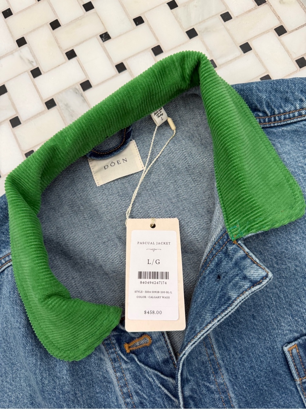 DOEN Pascual Blue Denim Jacket with Green Collar - Picture 4 of 4
